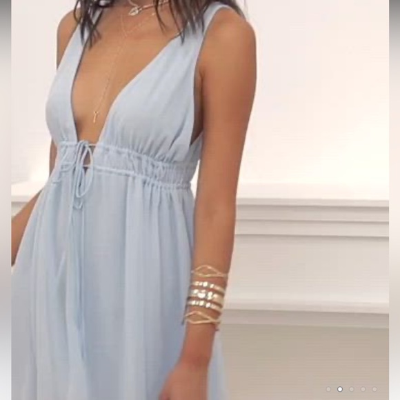 Lucy In The Sky Baby Blue Svana Plung Neck A-Line Tie Chest Flowy Mini Dress S - Picture 3 of 16